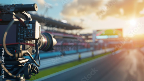 Professional video camera captures a sunset race at a motorsport track.