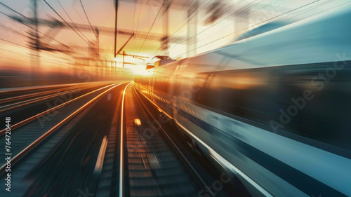 Blurred motion of a high-speed train, streaking through tracks at dusk, syncs with the fading light.
