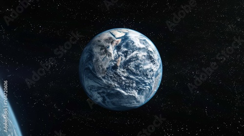 The view displays Earth from a perspective high above, showcasing continents, oceans, and clouds in vivid detail. The planet appears suspended in the vastness of space, emphasizing its beauty and