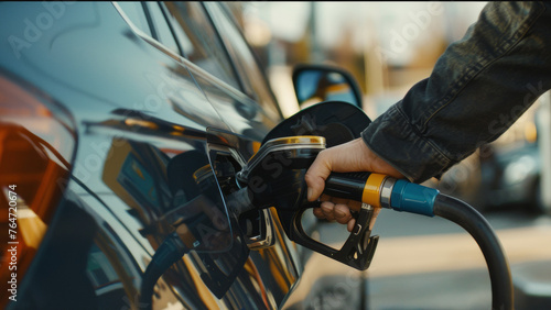Hand fueling a car, capturing a routine moment of energy consumption and transportation maintenance.