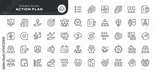 Set of line icons in linear style. Series - Action plan and planning. Outline icon collection. Conceptual pictogram and infographic.