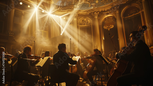 Musicians immersed in passion, playing in an orchestral performance bathed in golden light. photo
