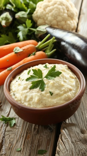 A bowl of baba ganoush dip made from baked eggplant with sesame paste, served with carrots and cauliflower