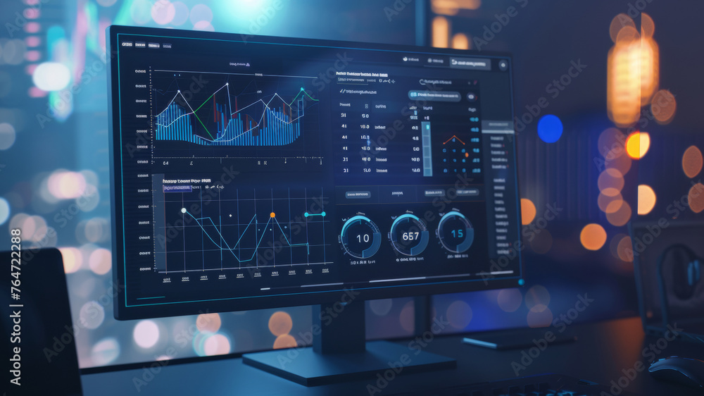 Financial analytics displayed across a monitor in a modern office at night.
