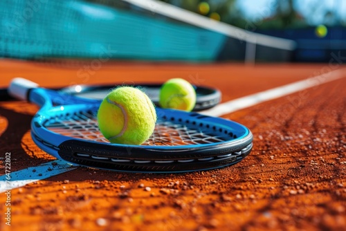 tennis rackets and tennis balls lying on orange tennis court. ai generated