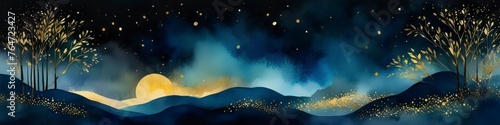 Watercolor blurred landscape in dark turquoise color with golden strokes. Abstract background for design, space for text. 