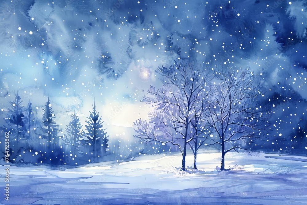 Serene Winter Night Landscape with Snow-Covered Trees, Watercolor Painting Serene Winter Night Landscape with Snow-Covered Trees, Watercolor Painting