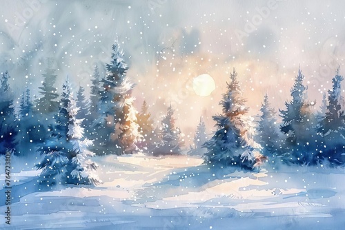 Serene Winter Night Landscape with Snow-Covered Trees, Watercolor Painting © furyon