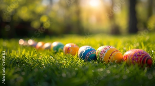 Soft sunlight illuminates a line of colorful Easter eggs, marking a trail of festive springtime cheer