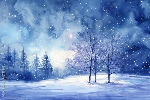Serene Winter Night Landscape with Snow-Covered Trees, Watercolor Painting