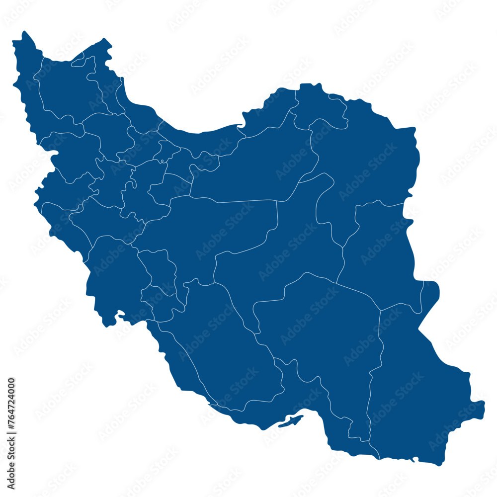 Iran map. Map of Iran in administrative provinces in blue color