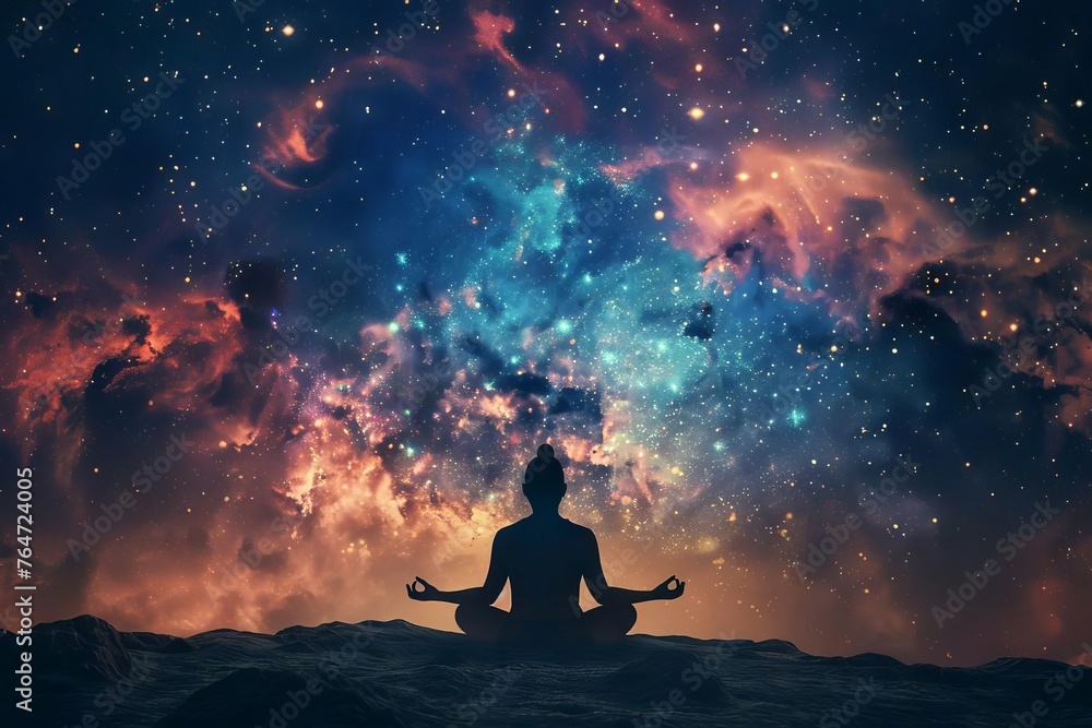 Spiritual Awakening Astral Meditation in Cosmic Space, Silhouette of Person in Lotus Pose with Universe Background, Mindfulness Concept Art - obrazy, fototapety, plakaty 