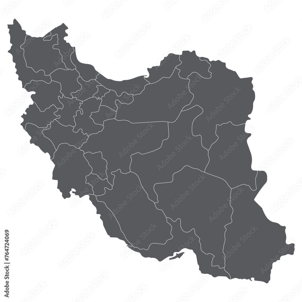 Iran map. Map of Iran in administrative provinces in grey color Iran map. Map of Iran in administrative provinces in grey color
