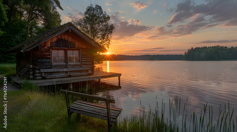 Fototapeta premium A peaceful lake, with a rustic wooden cabin as the background, during a calm summer sunset
