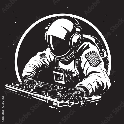 Lunar Lounge Vector Logo with DJ Astronaut Illustration Space Soundscapes Vector Design with Astronaut DJ Iconography