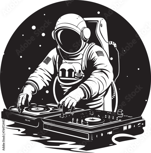 Galaxy Grooves Vector Logo with Astronaut DJ Illustration Planetary Party Vector Design with DJ Astronaut Iconography