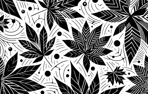 Black and white maple leaves on a white background. Seamless pattern.