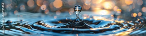 A close-up of a water droplet creating ripples on a water surface, illustrating the concept of impact and causality, suitable for scientific presentations or artistic expressions. photo