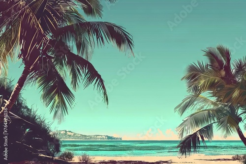 Tropical Paradise Beach with Swaying Palm Trees, Digital Illustration