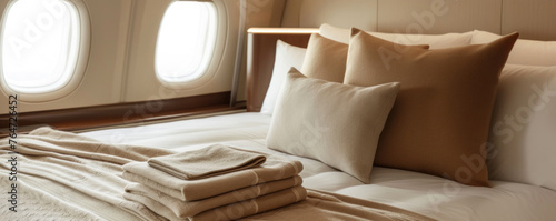 luxurious bed with a beige cashmere travel blanket and pillows inside a private jet, suitable for advertisement or interior design inspiration.