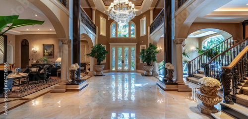 Luxurious entrance hall with sophisticated chocolate brown columns, a crystal chandelier, and plush seating.