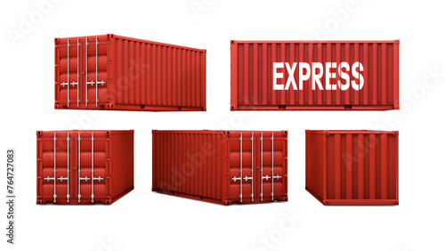 3D Rendering,Realistic red shipping container for logistics various side, mock-up objects, isolated on white background. photo