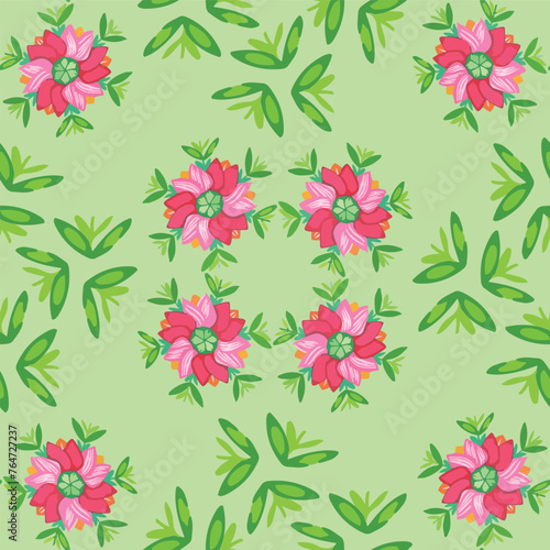 vector, seamless geometric pattern of dark pink tulip and green leaves on green background. Folk style. For summer women dresses, dining, home decor, wrapping paper.