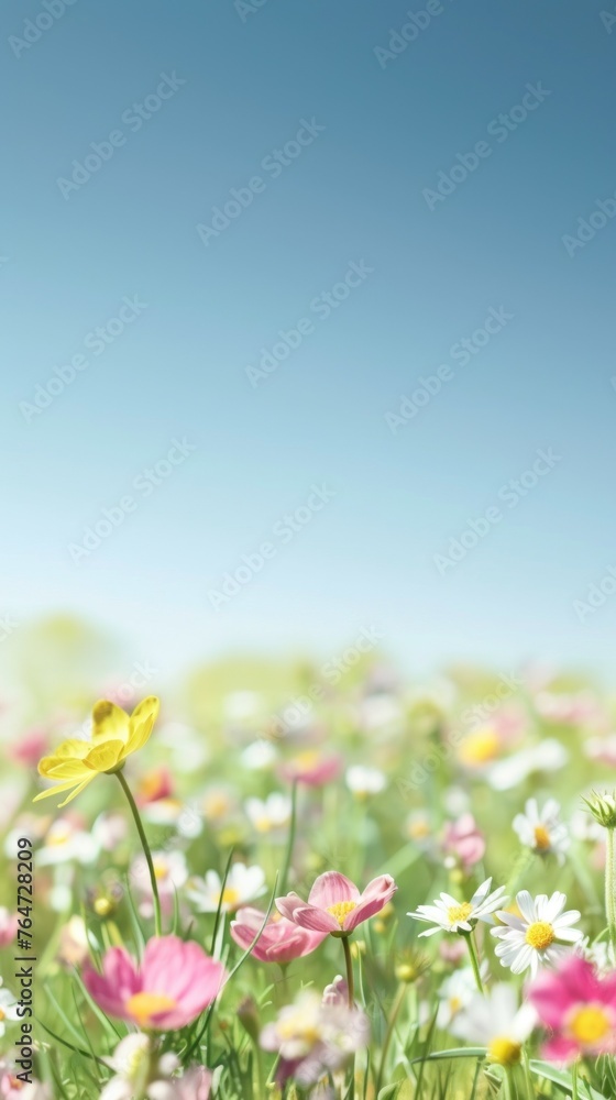 A soft-focus scene of spring flowers at the bottom, with plenty of blue sky above, embodies rebirth and natural beauty, ideal for wellness themes and springtime events.