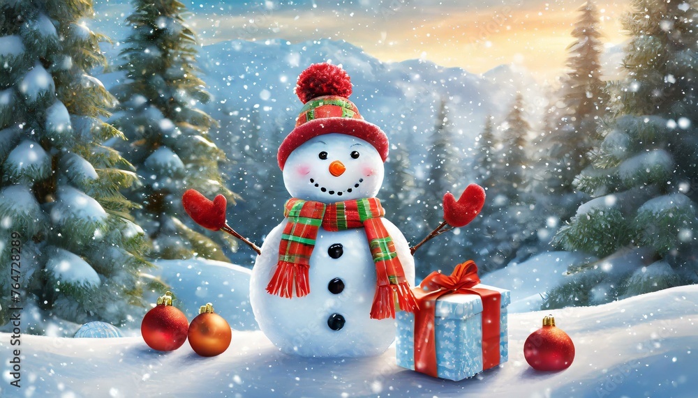 Fototapeta premium snowman and christmas tree with gifts