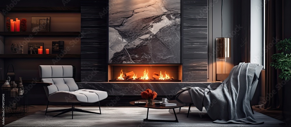 Fototapeta premium Warm and inviting living room featuring a fireplace as the focal point, with a comfortable armchair for relaxation