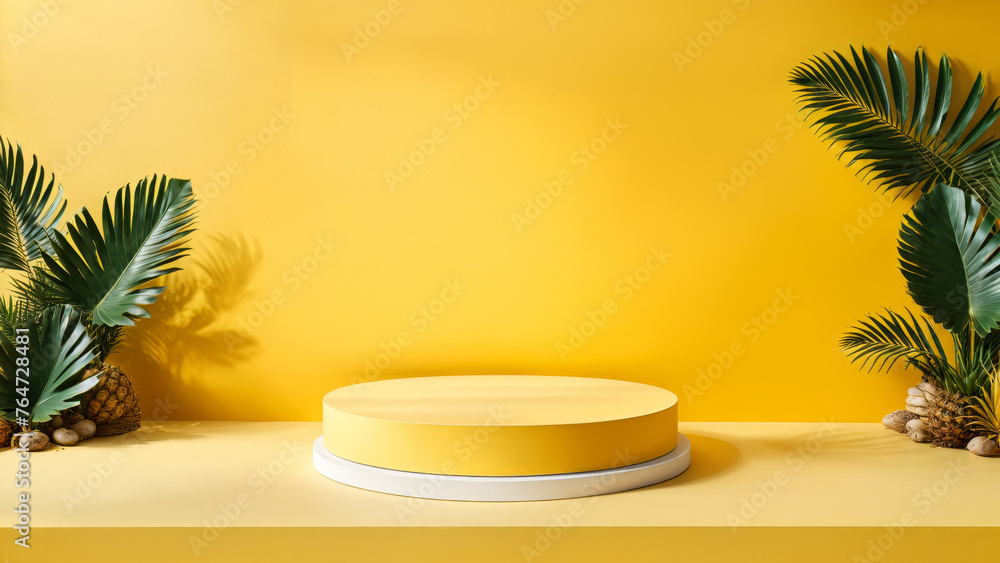 Yellow Citrus Display Background, Yellow podium summer display platform, minimal nature design, yellow product stand background podium, tropical palm stage scene, beauty mock up, cosmetic abstract