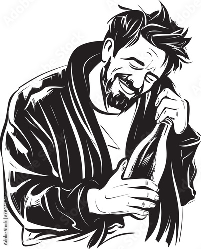 Booze Bond Vector Logo of a Drunken Man Affectionately Holding an Alcohol Bottle Sloshed Hug Vector Design of Drunken Man Embracing Alcohol Bottle Icon