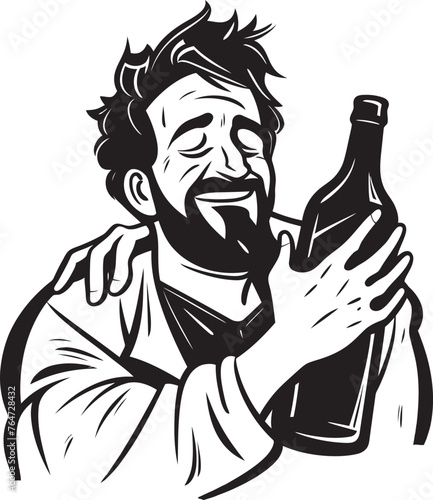 Liquor Love Drunken Man Vector Graphics for Beverage Embrace Alcohol Affection Vector Logo with Drunken Man Clinging to Bottle