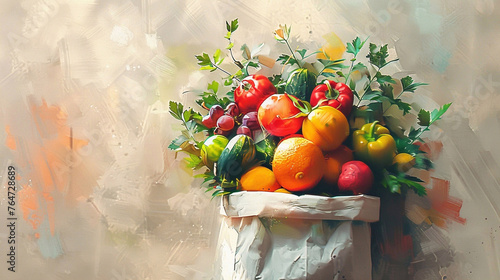  Drawing of a textile bag full of healthy fresh organic vegetables on the beige color background. Organic healthy food concept.