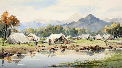 a riverside camping scene with tents and people enjoying the outdoors, an idyllic setting for nature-based tourism or outdoor lifestyle content.