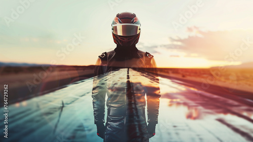 solitary figure of a motorsport racer, reflected in double exposure with the lonely road ahead, symbolizing determination and the journey of competition, set against an isolated background photo