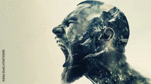 wrestler's triumphant roar, captured in double exposure with a mountain peak, symbolizing the conquering of challenges and the peak of success, set against an isolated background