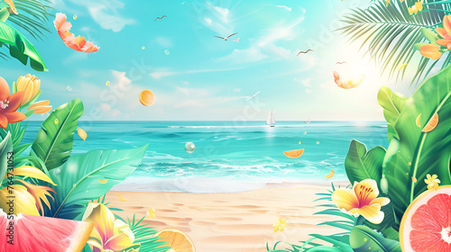 summer sea background with sea, sand, tropical plants and flowers, copy space wallpaper decor poster design Vacation and relaxation