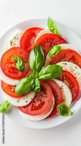 A top view of a white plate topped with freshly sliced tomatoes and fragrant basil leaves