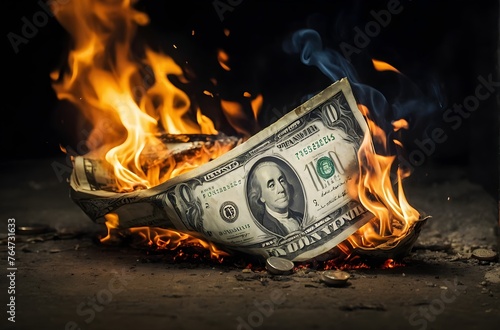 Flames Consume a Stack of Currency in an Eerie Display of Financial Loss