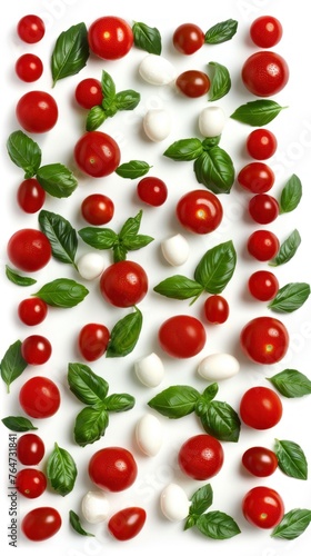 Top view of ripe, red tomatoes and fragrant basil leaves arranged on a clean white background