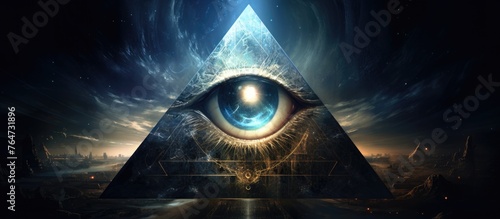 An image featuring a pyramid structure with a prominent eye placed in the middle of it photo