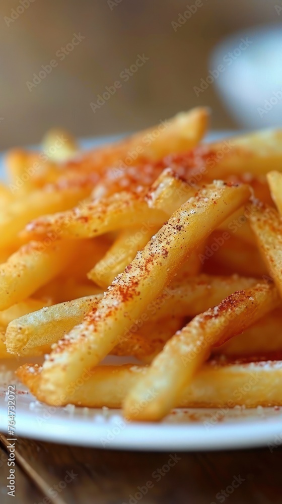 A white plate holding a stack of thick-cut French fries on a wooden table surface A white plate holding a stack of thick-cut French fries on a wooden table surface