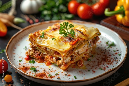 lasagna with minced meat and vegetables on a wooden table.