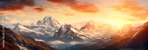 Mountain Sunrise of a natural scenic panorama featuring a breathtaking sunrise over majestic mountains.