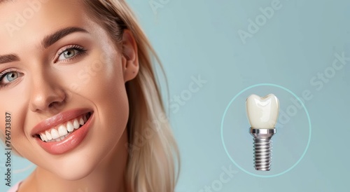 A happy young woman with a bright white smile and a dental implant after a denture prosthesis operation. Dental surgery at a medical clinic or dentist.