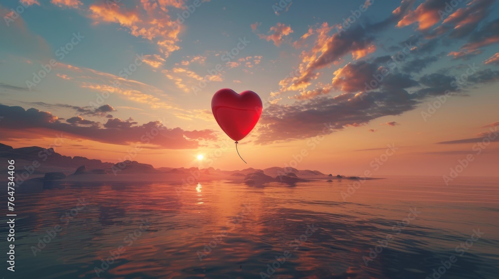 Fototapeta premium A realistic red heart-shaped balloon is suspended in the air, gently swaying with the breeze. The balloon stands out against the clear blue sky, creating a simple yet striking scene.