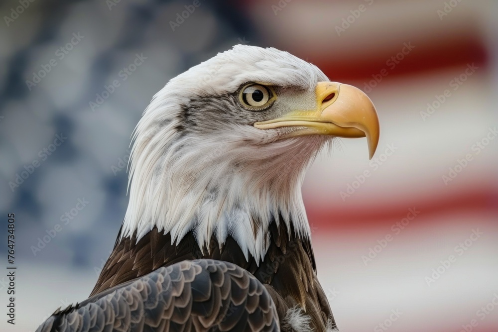 Majestic Bald Eagle Portrait Against American Flag - A Symbol of Freedom - Generative AI Majestic Bald Eagle Portrait Against American Flag - A Symbol of Freedom - Generative AI