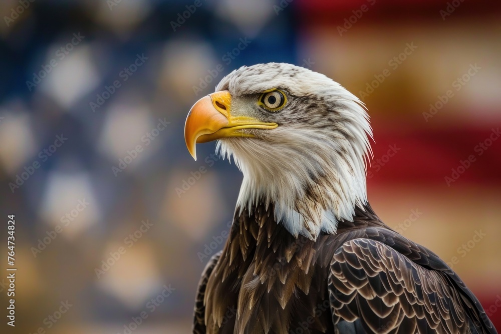 Obraz premium Majestic Bald Eagle Portrait Against American Flag - A Symbol of Freedom - Generative AI