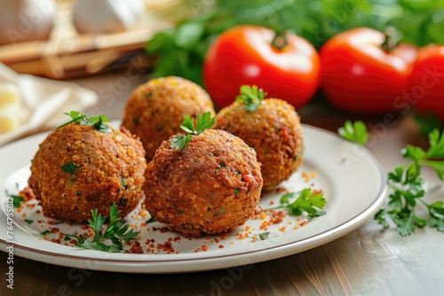 Falafel balls with Vegetarian and parsley on a plate